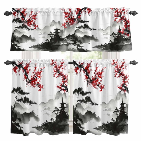 Red Plum Blossom Kitchen Curtains Valances and Tiers 3pcs Mountain Water Ink Painting Spring Tier Curtains and Valance Rod Pocket Valance Curtains Set for Kitchen Bathroom Small Windows 27.5"x24"