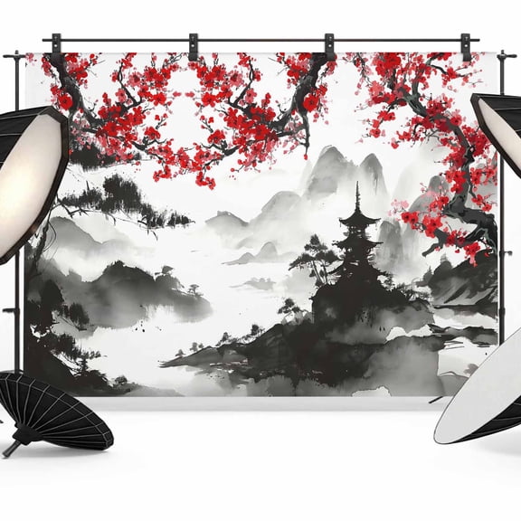 Red Plum Blossom Photography Backdrop 7x5FT, Mountain Water Ink Painting Spring Photo Backdrops, Background for Photography Studio Photo Studio Background, Back Drop for Photoshoot