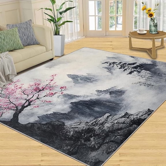Red Plum Blossom Rugs for Bedroom, Chinese Ink Misty Mountain Area Rug, Plum Tree Landscape Rugs for Living Room, Indoor Non-Slip Rug, Machine Washable Carpet for Front Entrance Floor Decor 2 x 3ft