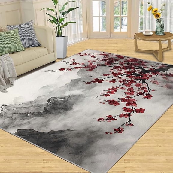 Red Plum Blossom Rugs for Bedroom, Ink Plum Blossom Area Rug, Ink Landscape Painting Rugs for Living Room, Indoor Non-Slip Rug, Washable Carpet for Front Entrance Floor Decor 2 x 3ft