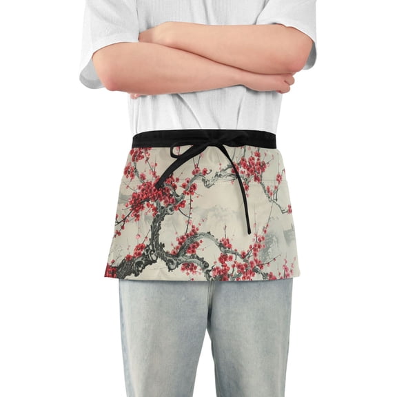 Red Plum Blossom Short Server Apron with 3 Pockets for Unisex Chef Gardening