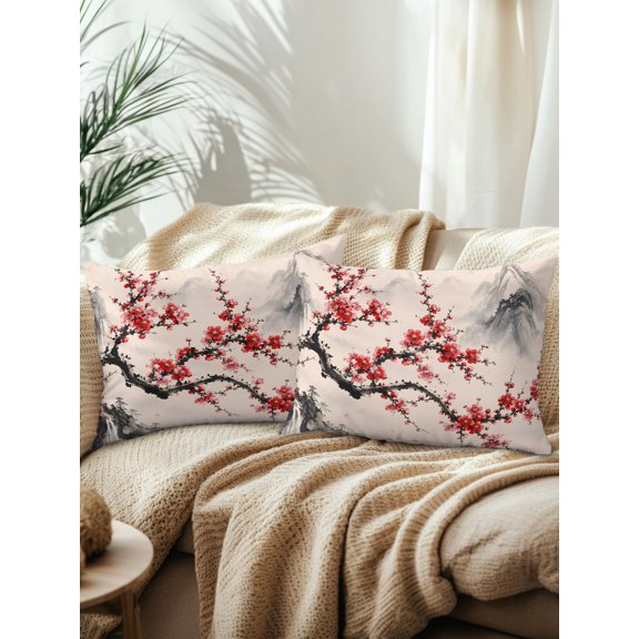 Red Plum Blossoms Outdoor Throw Pillows with Inserts, Vintage Traditional Ink Wash Trees Mountains 12”x20” Set of 2 Waterproof Decorative Patio Throw Pillow Inserts for Patio Furniture Bench