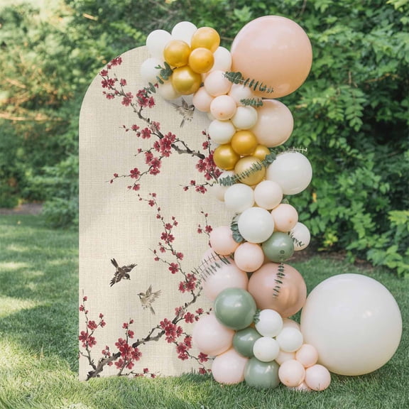 Red Plum Bossom Arch Backdrop Cover 4 FT, Ink Painting Style Birds Flower Branches Linen Texture Wedding Arch Cover Stretchy Backdrop Stands Covers for Birthday Party Ceremony Banquet Decor