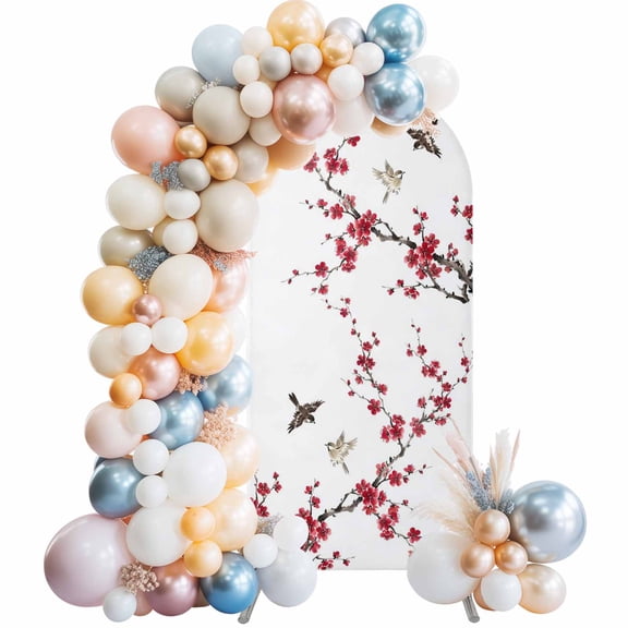 Red Plum Bossom Arch Backdrop Cover 6 FT Ink Painting Style Birds Flower Branches Farm Stretchy Elastic Arch Stand Covers Spandex Arched Background Birthday Wedding Party Decoration (No Stand)