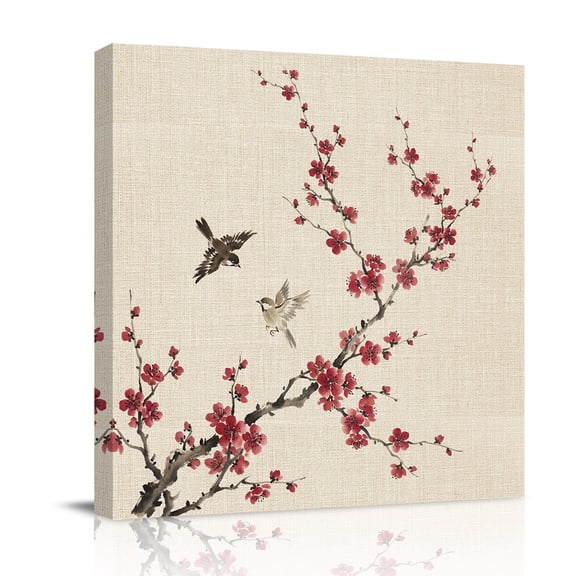 Red Plum Bossom Canvas Wall Art for Living Room, Ink Painting Style Birds Flower Branches Linen Texture Poster Print Painting for Bedroom Office Home Decoration Wall Pictures Prepare To Hang 8"x8"