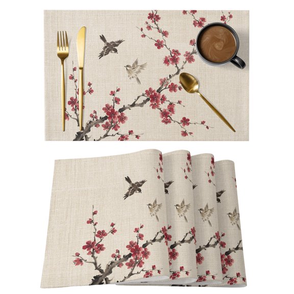 Red Plum Bossom Cotton Linen Placemats Set of 1, Ink Painting Style Birds Flower Branches Linen Texture Washable Table Place Mats Heat Insulating Placemat for Dining Room Kitchen 13 x 19 Inch