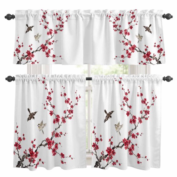 Red Plum Bossom Kitchen Curtains Valances and Tiers Set of 3 Ink Painting Style Birds Flower Branches Farm Tier Curtains and Valance with Rod Pocket for Small Windows, 27.5"x24"