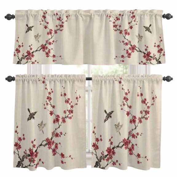 Red Plum Bossom Kitchen Curtains Valances and Tiers Set of 3 Ink Painting Style Birds Flower Branches Linen Texture Tier Curtains and Valance with Rod Pocket for Small Windows, 27.5"x24"