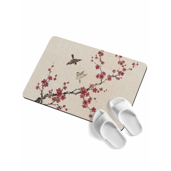 Red Plum Bossom Soft Diatomaceous Earth Mat, Ink Painting Style Birds Flower Branches Linen Texture Absorbent Bath Mat Non Slip Rubber Backed Quick Dry Doormat Fit Under Door for Bathroom 16"x24"