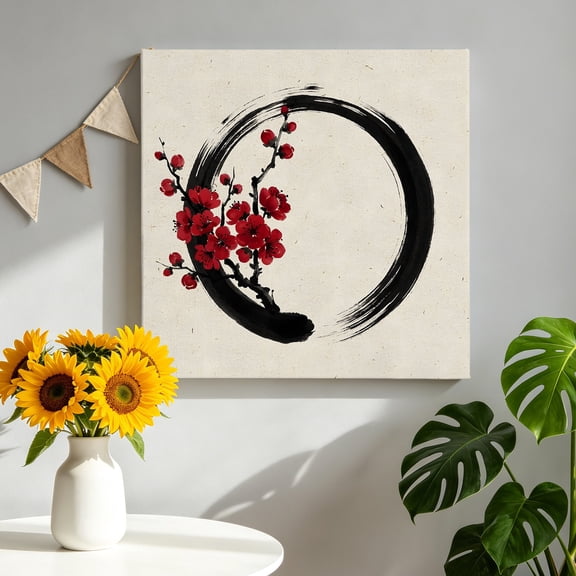 Red Plum Canvas Wall Art, Japanese Style Country Vintage Black Enso Circle Flowers Pictures Wall Decor Wooden Framed Artwork Art Prints for Living Room Hallway Bedroom Office 8"x8"