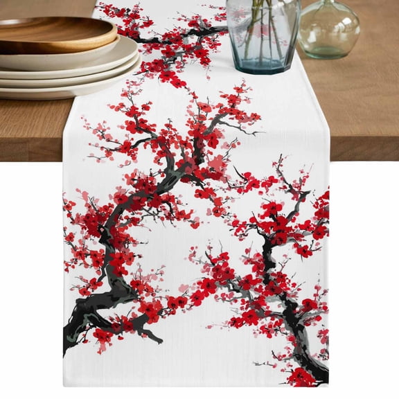 Red Plum Cotton Linen Table Runner for Dining Kitchen, Nature Flowers Branches Chinese Painting Wedding Outdoor Party Tablerunners Decoration, Dresser Scarf Coffee Tablecloth Runners 13x48 Inches