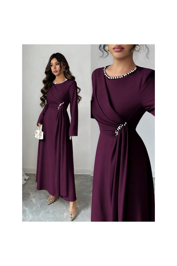 Red Plum Elegant Long-Sleeved Round-Neck A-Line Maxi Dress With Pearl Embellishments And Fitted Waist