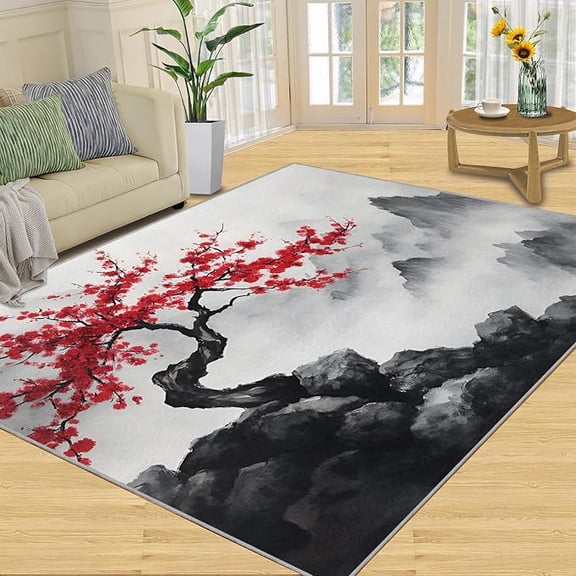 Red Plum Rugs for Bedroom, Red Plum Blossom Area Rug, Oriental Mountain Rugs for Living Room, Indoor Non-Slip Rug, Machine Washable Carpet for Front Entrance Floor Decor 2 x 3ft