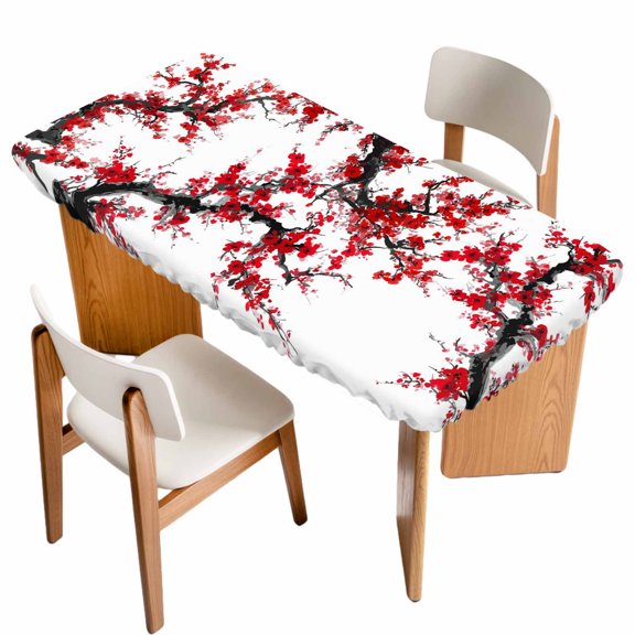 Red Plum Table Cloths for 3 Foot Rectangle Tables, Nature Flowers Branches Chinese Painting Patio Waterproof Elastic Fitted Tablecloths, Washable Rectangular Table Cover for Camping