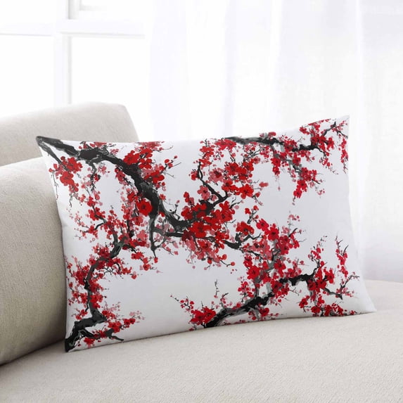 Red Plum Throw Pillow Covers, Nature Flowers Branches Chinese Painting Soft Breathable Pillow Cases with Invisible Zipper for Sleeping, Small Pillowcases for Couch Bed Sofa Chair 16x24 Inches