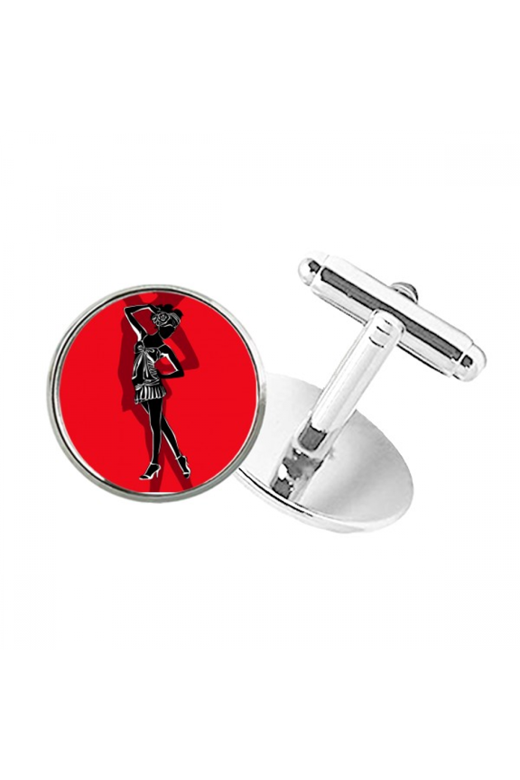 Red Plump Beautiful Girl Round Button Cuff Clip Stud Cufflinks