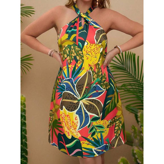 Red Plus Size Boho Tropical Print Backless Halter Sundress, Casual Summer Beach Holiday Dress