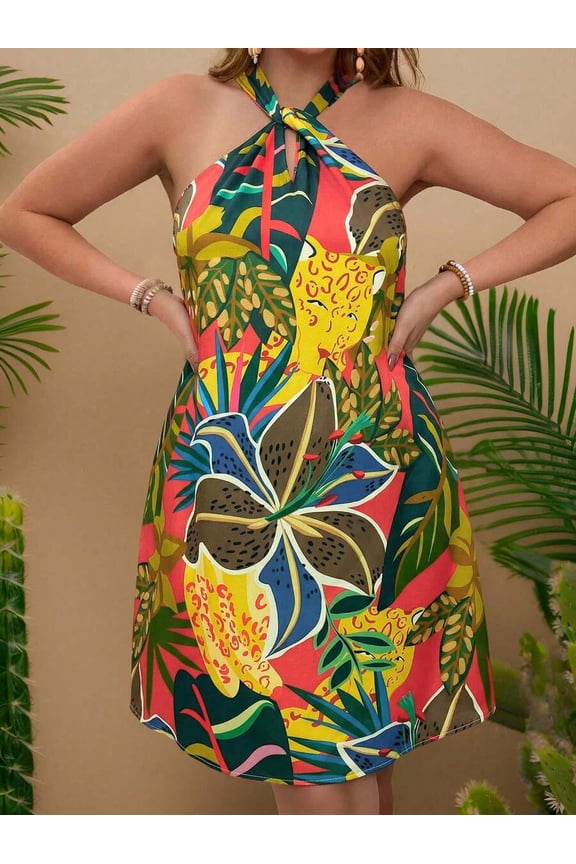 Red Plus Size Boho Tropical Print Backless Halter Sundress, Casual Summer Beach Holiday Dress
