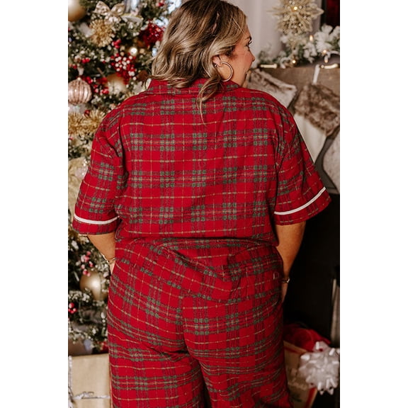 Red Plus Size Plaid Short Sleeve Shirt Loose Pants 2pcs Pajama Set