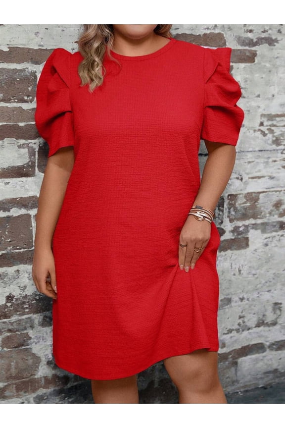 Red Plus Size Puff Sleeve Shift Dress With Ruffle Detail