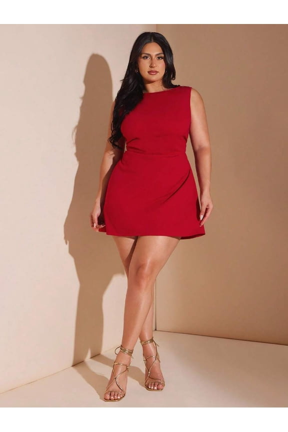 Red Plus Size Sleeveless Round Neck Ruched Waist Mini Dress For Cocktail Parties And Date Nights