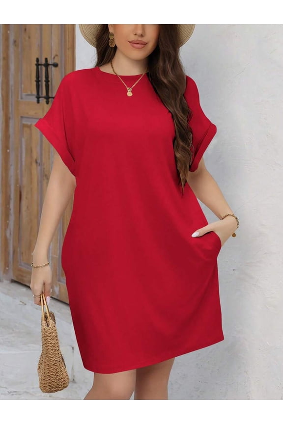 Red Plus Size Solid Batwing Sleeve Shift Dress With Slanted Pockets