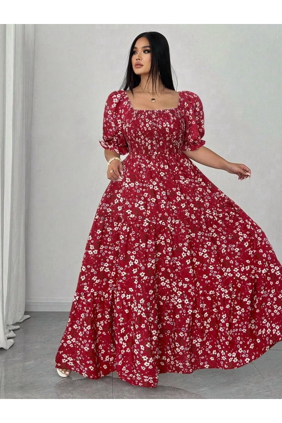 Red Plus Size Summer Casual Ditsy Floral Square Neck Puff Sleeve Maxi Dress