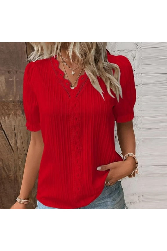Red Plus Size Tops For Women Summer Lace V Neck Plain Lace Elegant Shirt Fashion Solid Color Elegant Blouse Short Sleeve Comfy Soft Tee
