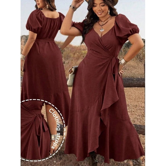 Red Plus Size Women Tie-Wrap Ruffle Hem Maxi Dress With Puffed Sleeves Boho Western Style