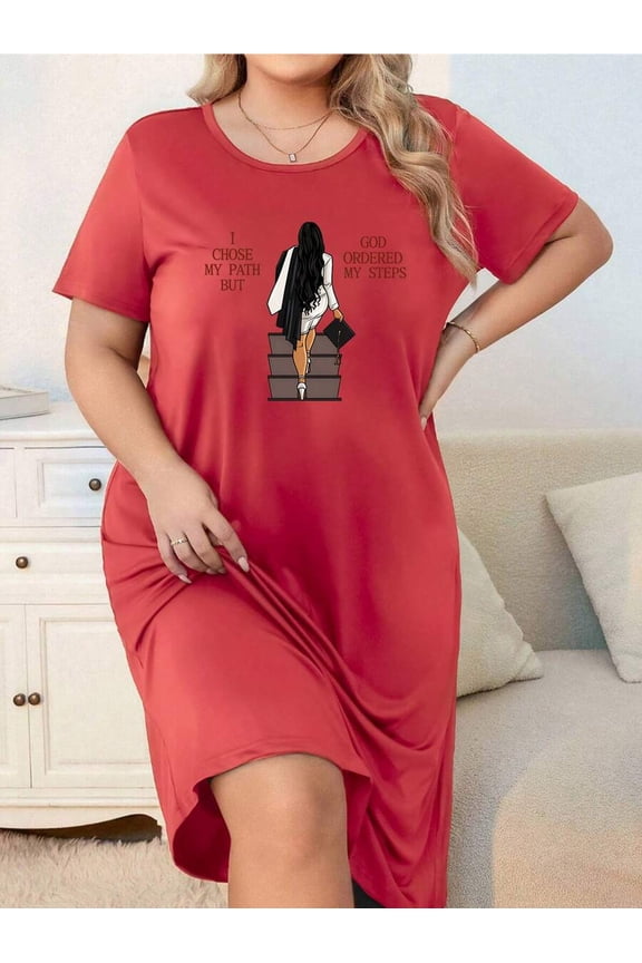 Red Plus Size Womens I Chose My Path But God Ordered My Steps Loose Short-Sleeve Round Neck Casual Dress