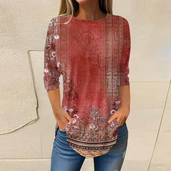 Red Plus Size Womens Shirts, Polyester Plus Size Tshirts for Women, 3/4 Sleeve Womens Shirts Dressy Casual, Printed Plus Size Tops, Floral Plus Size Blouses, Weekend Printed Womens Shirts Plus Size