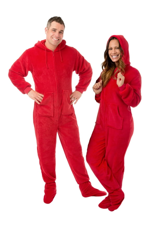 Hoodie Footed Sleeper Red Plush Drop Seat Footed Pajamas with Rear Flap