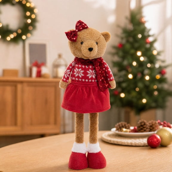 Red Plush Teddy Bear Christmas Figurine, Standing Plush Bear, Posable Arms and Legs, Soft Fabric Surface, for Mantel and Shelf Display