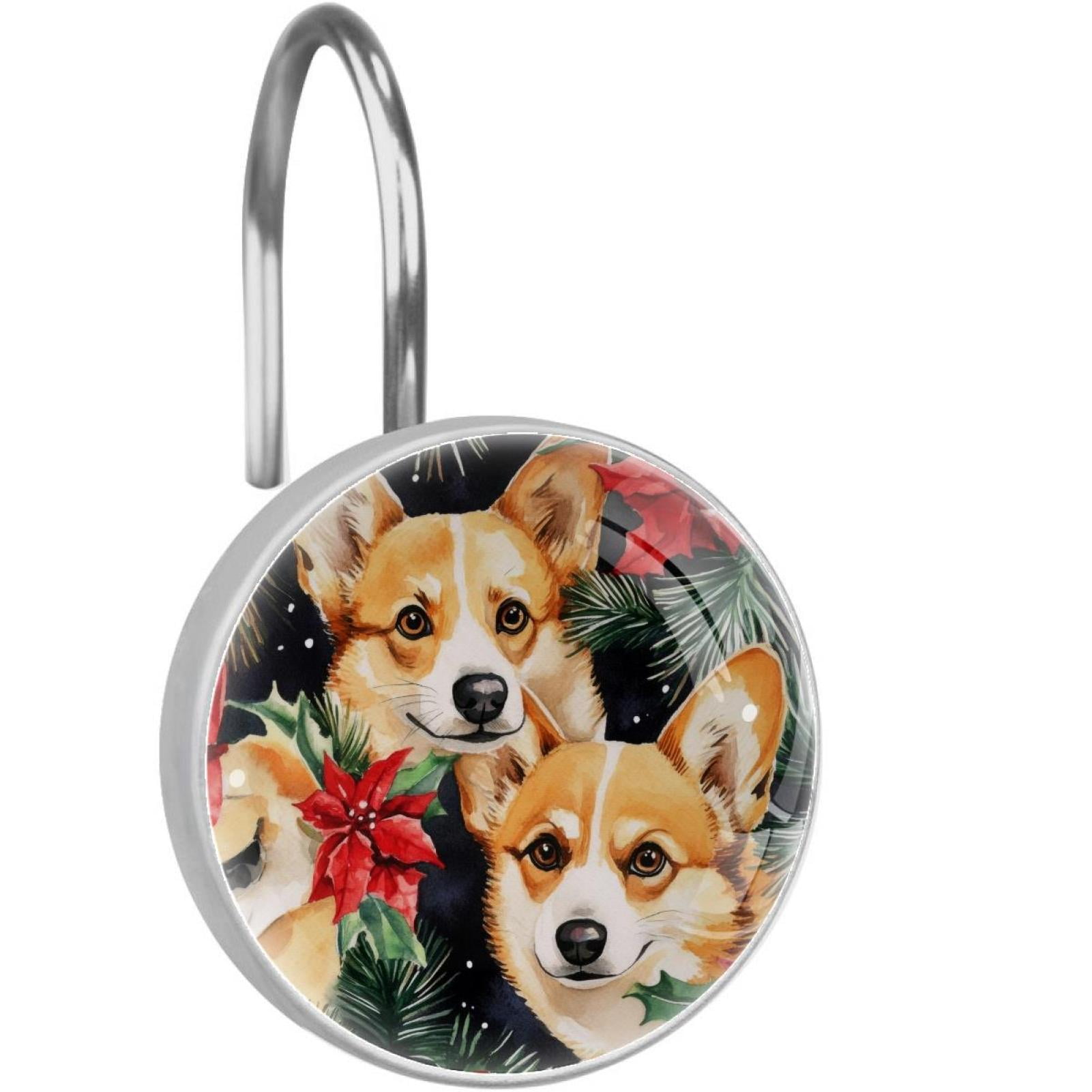 Red Poinsettia Berry Corgis Shower Curtain Hooks Round Crystal Glass, Set of 12 Shower Curtain Rings - Shower Hooks for Curtain Shower Rings