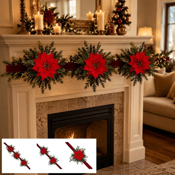 Red Poinsettia Bow Christmas Hanging Swag, Plastic Mantel and Door Decoration for Wreaths, Entryways and Walls, Style C