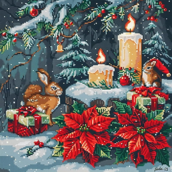 Red Poinsettia Candles Rabbit in Snow DIY 11CT Stamped Cross Stitch Kits for Beginners Easy Needlepoint Embroidery Counted Cross Stitch Art Craft for Wall Decoration 14x14inch(3)