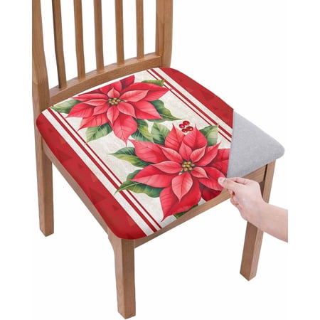 Red Poinsettia Christmas Chair Seat Covers for Dining Room Stretch Chair Seat Covers Set of 2, Xmas Botanical Floral Modern Art Chair Seat Protector Cushion Slipcovers for Kitchen Restaurant Office