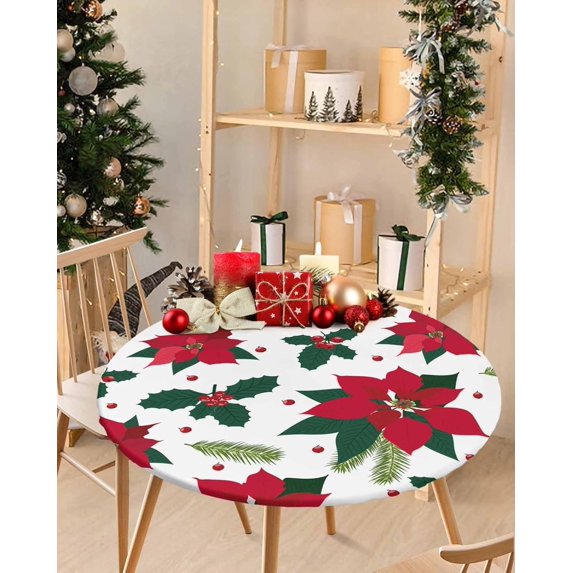 Red Poinsettia Christmas Flower Round Fitted Table Cover for Dining Tables,Elastic Edged Tablecloth Xmas Holly Leaf Red Berry Waterproof Oil Proof Tables Cover Cloths for Kitchen Dinner Party Event