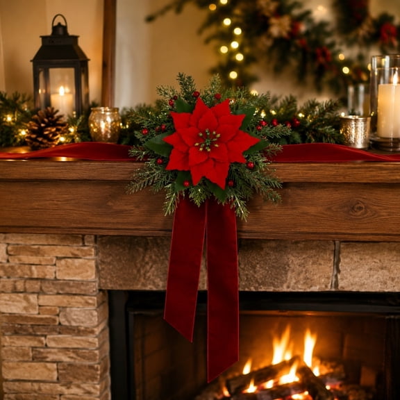 Red Poinsettia Christmas Mantle Garland with Adjustable Length Design and Durable Velvet Ribbon, Festive Holiday Decor for Fireplace Mantel, Entryway, and Living Room.