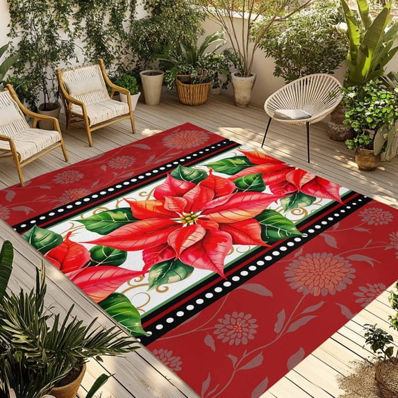 Red Poinsettia Christmas Outdoor Rug for Patio/Deck/Porch, Non-Slip Large Area Rug 6 x 9 Ft, Xmas Floral Winter Botanical Indoor Outdoor Rugs Washable Area Rugs, Reversible Camping Rug Carpet Runner
