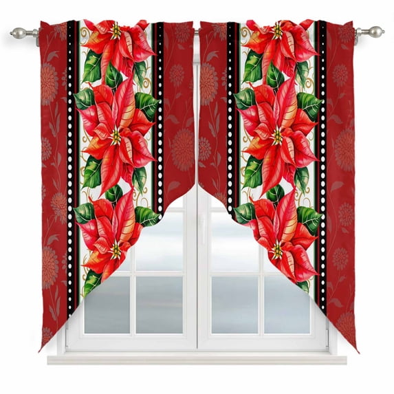 Red Poinsettia Christmas Swag Curtains for Kitchen/Bedroom/Living Room, Xmas Floral Winter Botanical Scalloped Curtains 63 Inch Long, Window Swag Topper Curtains Valances 2 Panels Set 36"x63"