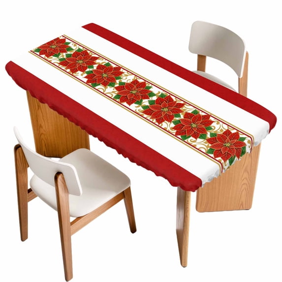 Red Poinsettia Christmas Table Cloths for 6 Foot Rectangle Tables, Xmas Botanical Winter Floral Patio Waterproof Elastic Fitted Tablecloths, Washable Rectangular Table Cover for Camping