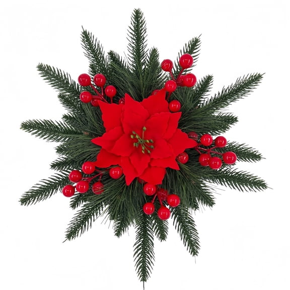 Red Poinsettia Curtain Tieback With Berries And Pine Needles Velvet Strap Christmas Window Holdback, Plastic, 14.6 X 14.6 X 2.8 Inches, 1 Pack