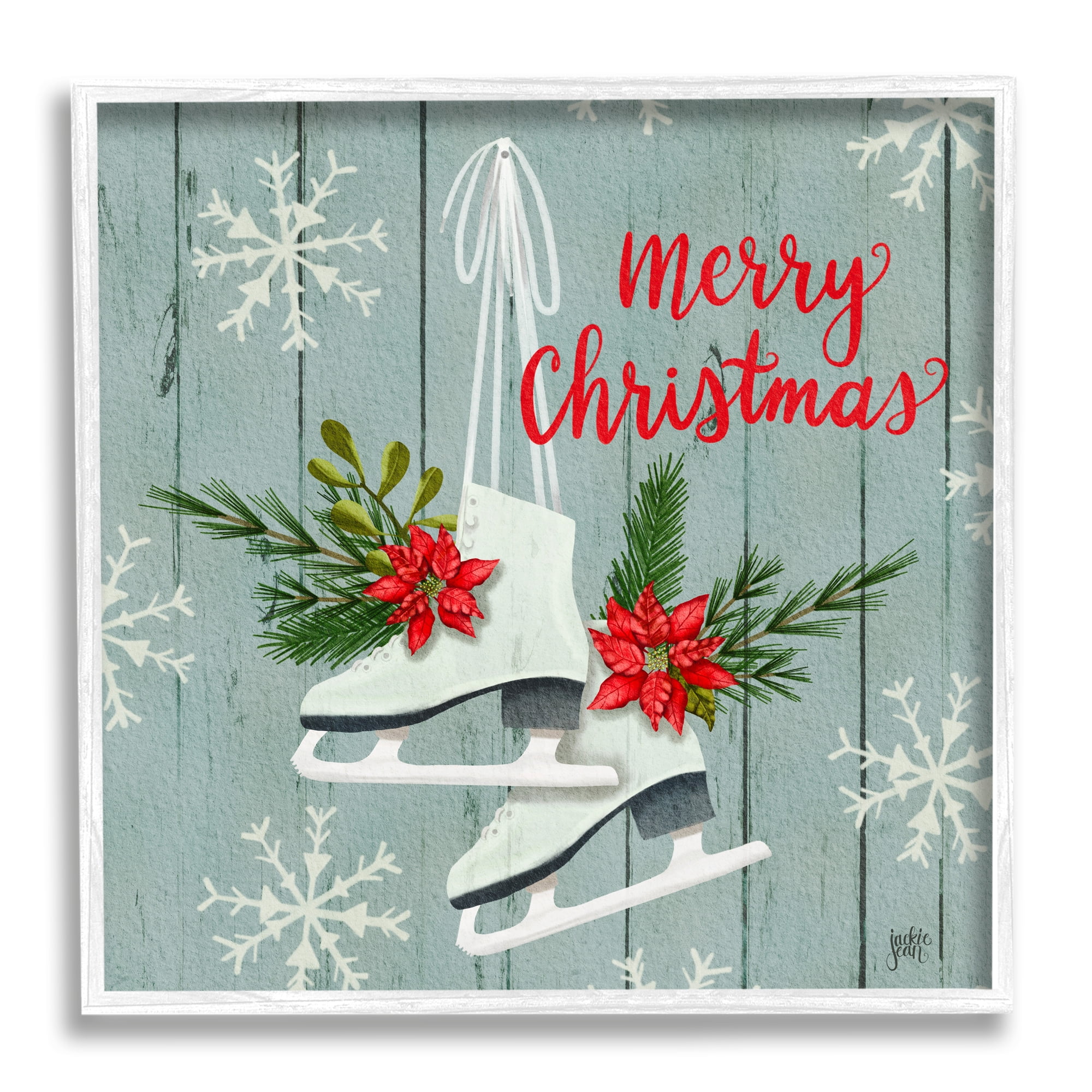 Red Poinsettia Ice Skating Shoes Merry Christmas Sentiment Inspirational Framed Art Print Wall Art, 17x17