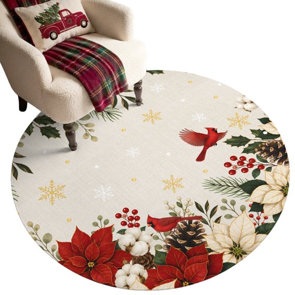 Red Poinsettia Small Round Rug 3Ft Country Rustic Bird Holly Pine Leaf Linen Texture Area Rugs Washable Non Slip Indoor Floor Mats Circle for Entryway Under‑Nightstand Bathroom, Balcony