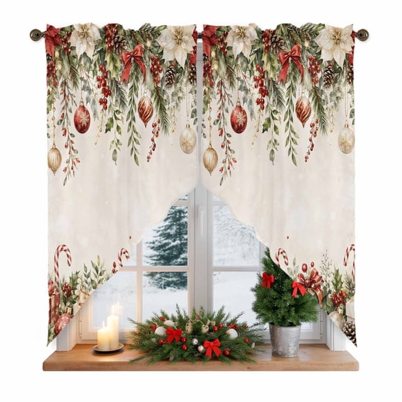 Red Poinsettia Swag Valances for Windows 2 Pack Winter Flower Christmas Gift Boxes Pine Evergreen Swag Kitchen Curtains 36 Inches Long Rod Pocket Short Window Treatment for Kitchen Bathroom 36"x36"