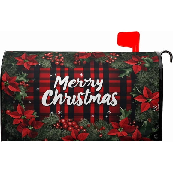 Red Poinsettia Xmas Berry Mailbox Covers Magnetic Standard Size 18" X 21",Red Black Buffalo Plaid Winter Snowflake Mailbox Wraps Post Letter Box Cover for Holiday Garden Yard Decor
