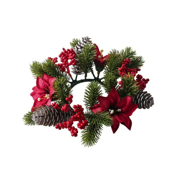 Red Poinsettia and Pine Candle Rings Festive Christmas Decor for Home Holiday Centerpiece Decorations (Plastic,7.8" Dia)
