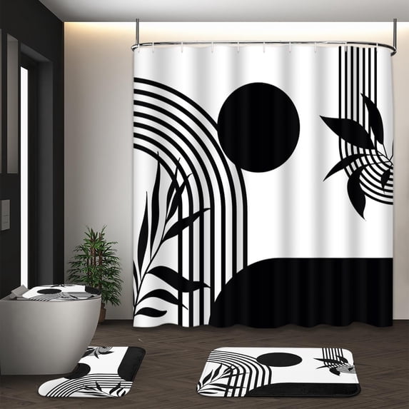 Boho Mid Century Shower Curtain Set with Toilet Lid Cover and Non-Slip Rugs, Abstract Geometric Brown Background 4 Pcs Modern Minimalist Vintage Shower Curtain for Bathroom Set with 12 Hooks