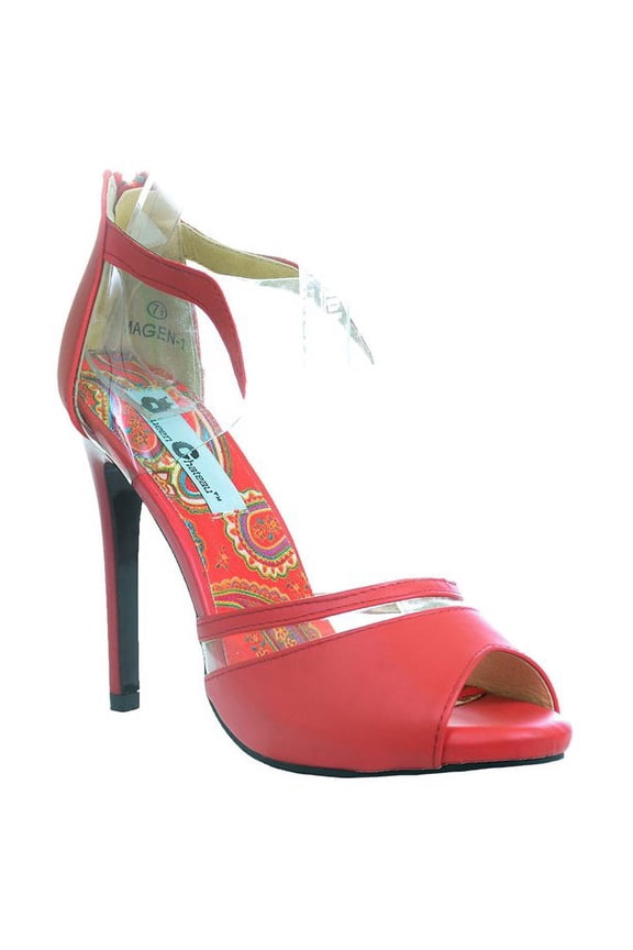 Red Pointed Toe Clear Design Ankle Strap Stiletto Heel Pumps - 5.5